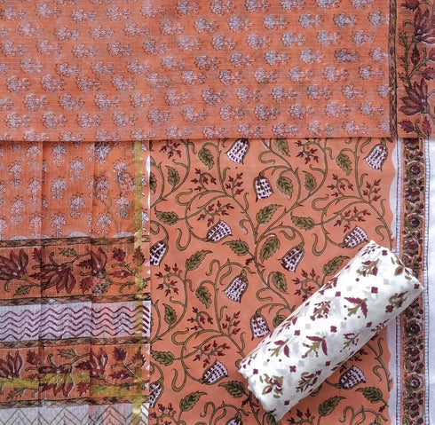 Elegant Hand Block Print Cotton Suit Set with Kota Doria Dupatta (3CKD54)